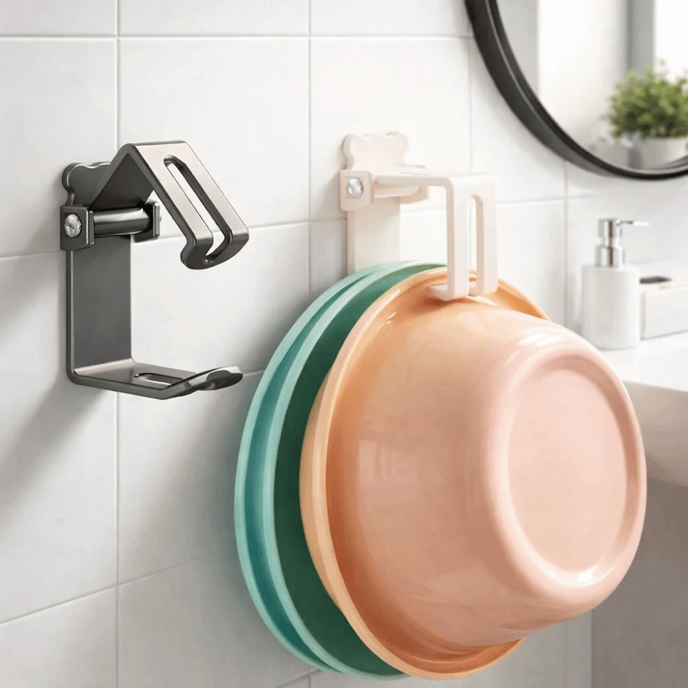 

2 Pieces Carbon Steel Wash Basin Hooks Punch-Free Adjustable Basin Storage Rack Space Saving Folding Wash Basin Holder Bathroom