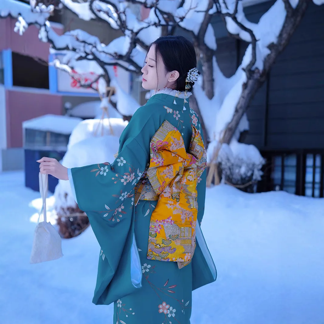 

Improved Wearable Version Japanese Kimono Women's Green Dress Kimono Style Photography Travel Photography