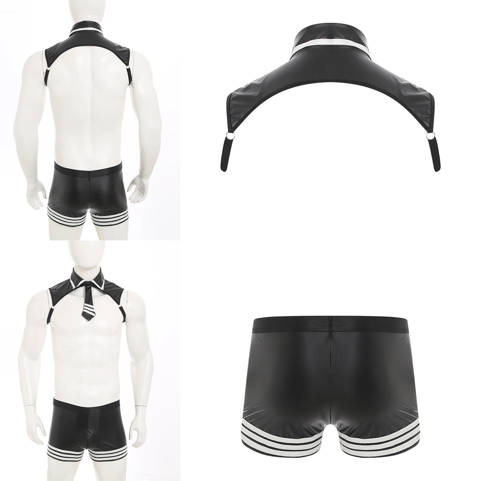 ชุดชั้นในชายลายทาง ชุดครอปท็อปผูกเนคไท พร้อมเสื้อคลุมและกางเกงบ็อกเซอร์ หนังเทียมเนื้อนุ่ม ชุด 2 ชิ้น สำหรับใส่ไปไนต์คลับหรือออกเดท