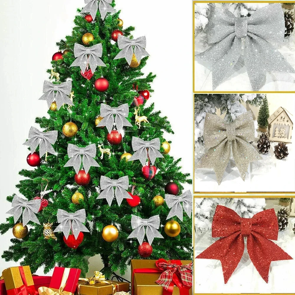 6pcs חג המולד קשתות תלייה קישוטים זהב כסף bowknot קישוטים השנה החדשה חג המולד חג המולד תפאורה