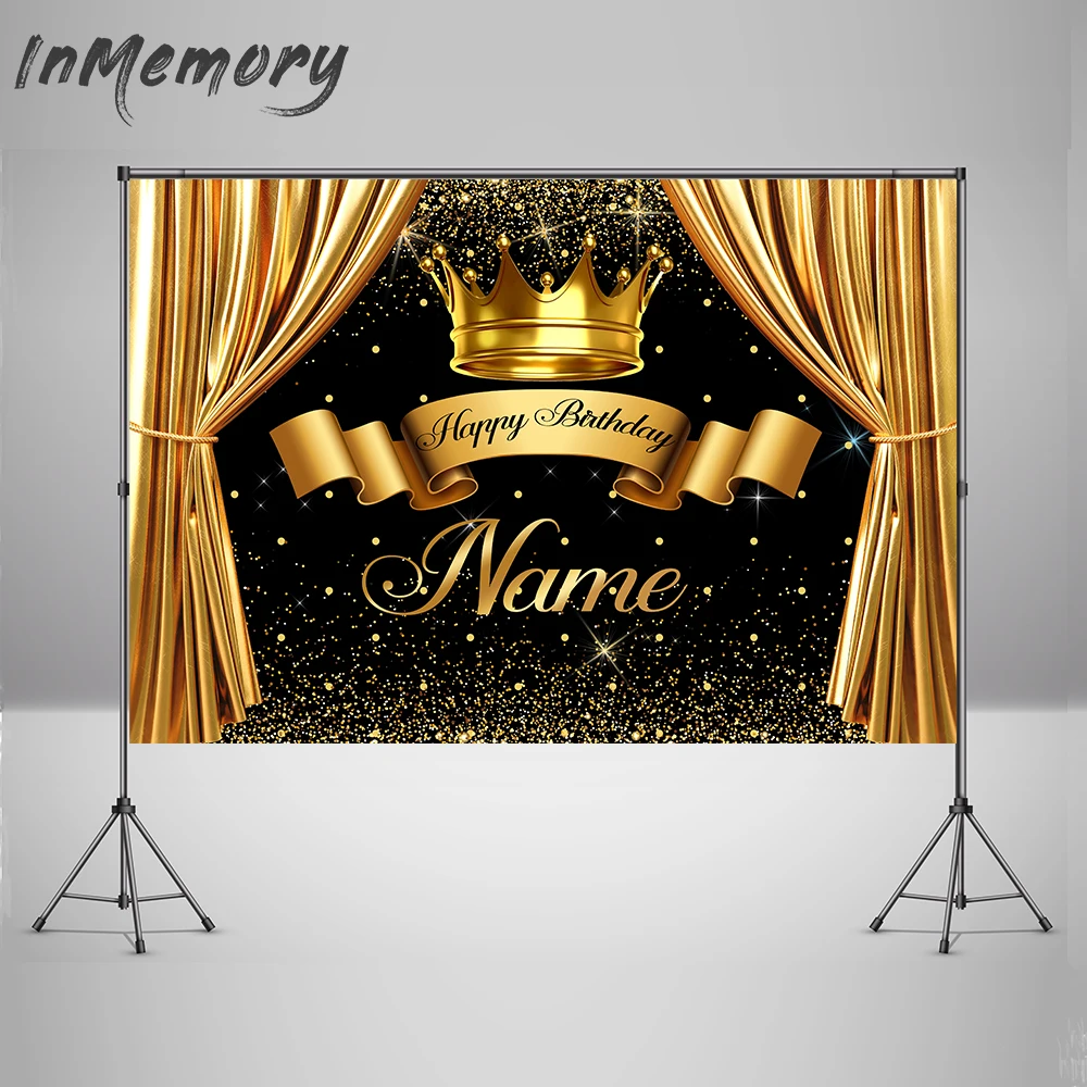 Gold Glitter Golden Curtain Happy Birthday Background Royal Crown Prince Customize Name Photo Backdrop Party Decoration Supplies