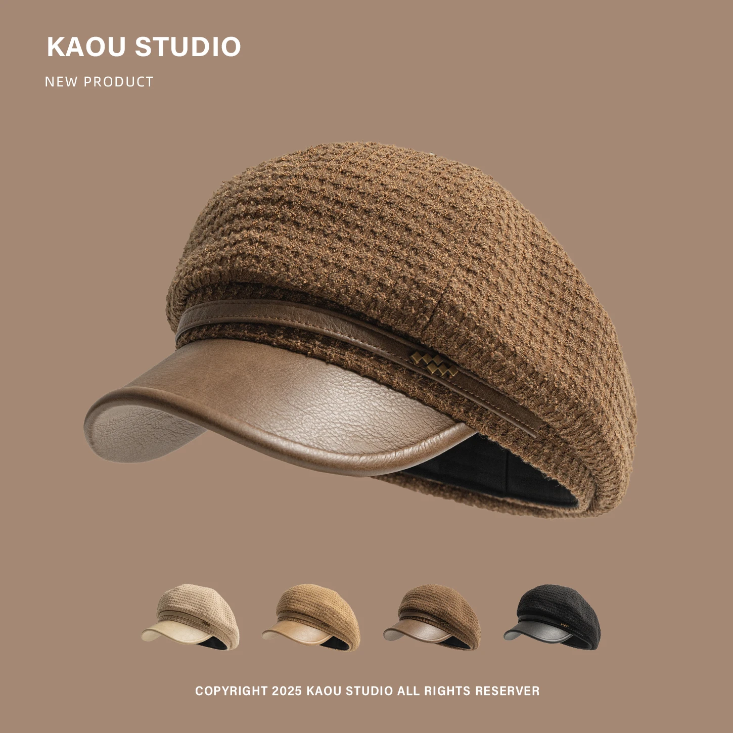 

Autumn Winter Octagonal Hat for Women British Retro Leather Brim Newsboy Cap Versatile Large Head Circumference Versatile Beret