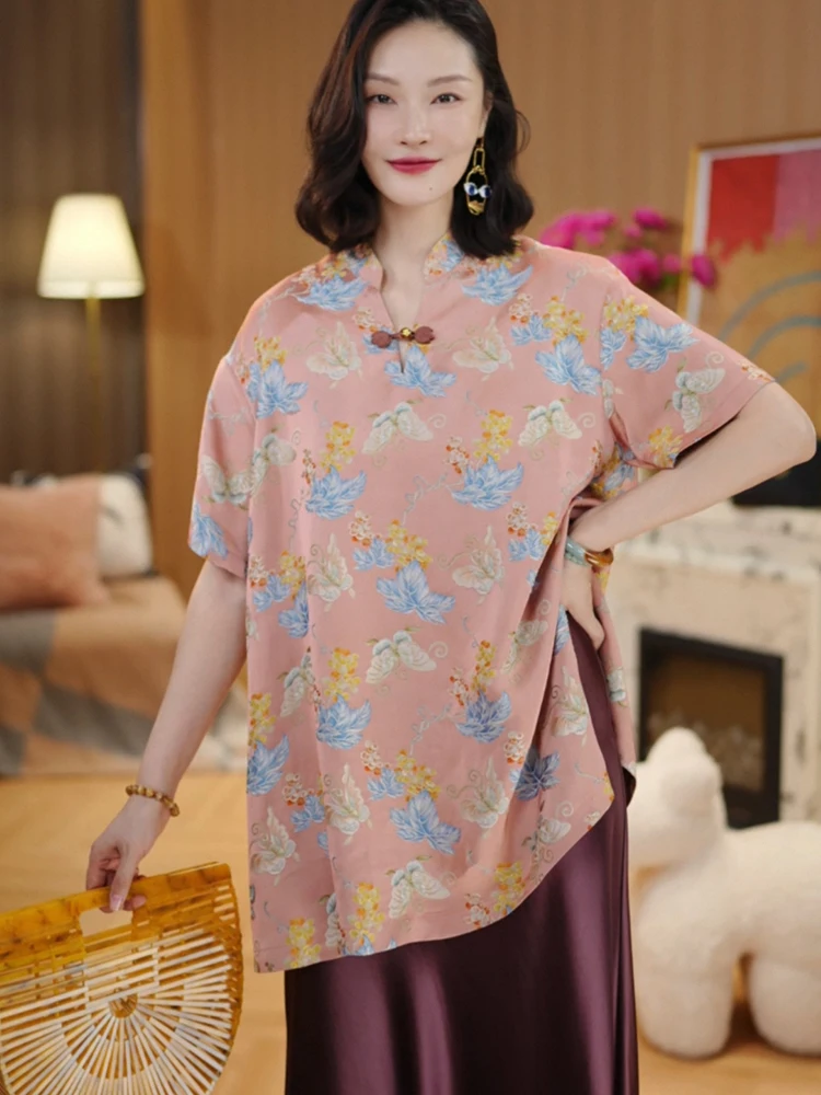 

Женская блузка свободного кроя из китайского шелка с вышивкой и принтом, имитация шелка Фуцзянь, свободный крой, модель «Облачный шелк»