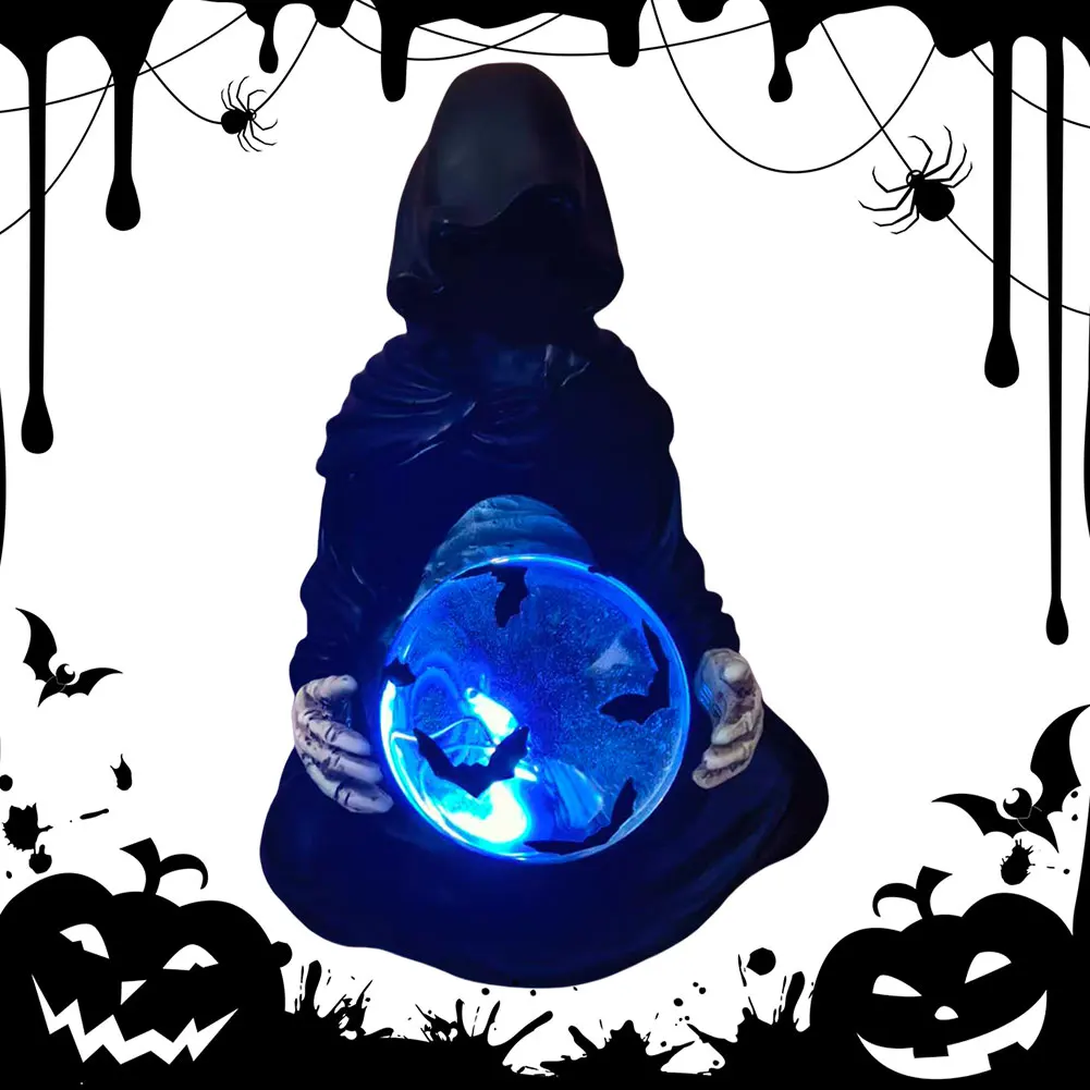 Kryształowa Kula Śmierci, Statuetka Żniwiarza na Halloween z Latającymi Nietoperzami, Gotycka Figurka Żniwiarza, Dekoracja Halloween