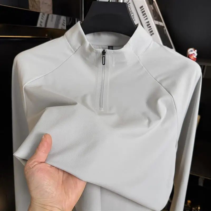 Camiseta Masculina Esportiva Casual Fina de Manga Longa com Capuz, Secagem Rápida, Meio Zíper, Gola Alta, Leve para Primavera...