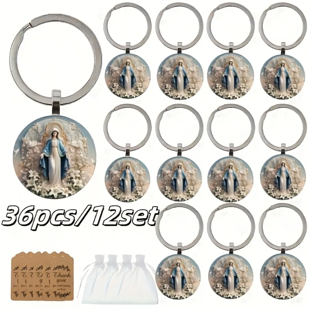 Juego de 36 Llaveros Vintage con Diseño Floral de la Virgen María, Detalles en Azul y Dorado, Regalo Religioso para Navidad y Día de Acción de Gracias