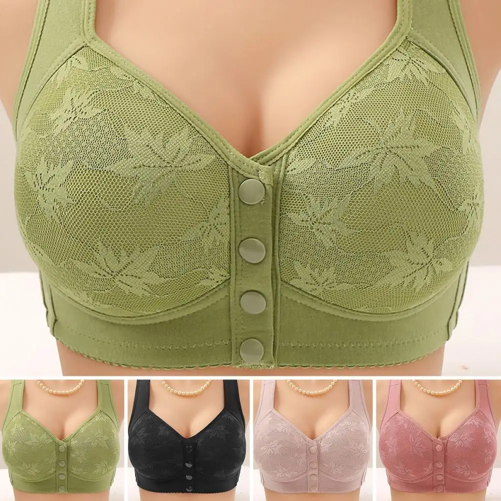 Vintage Women Bra Plus Size Front Closure Adjustable Shoulder Strap Floral Embroidery Push-up Wireless Mid-aged Women Bra