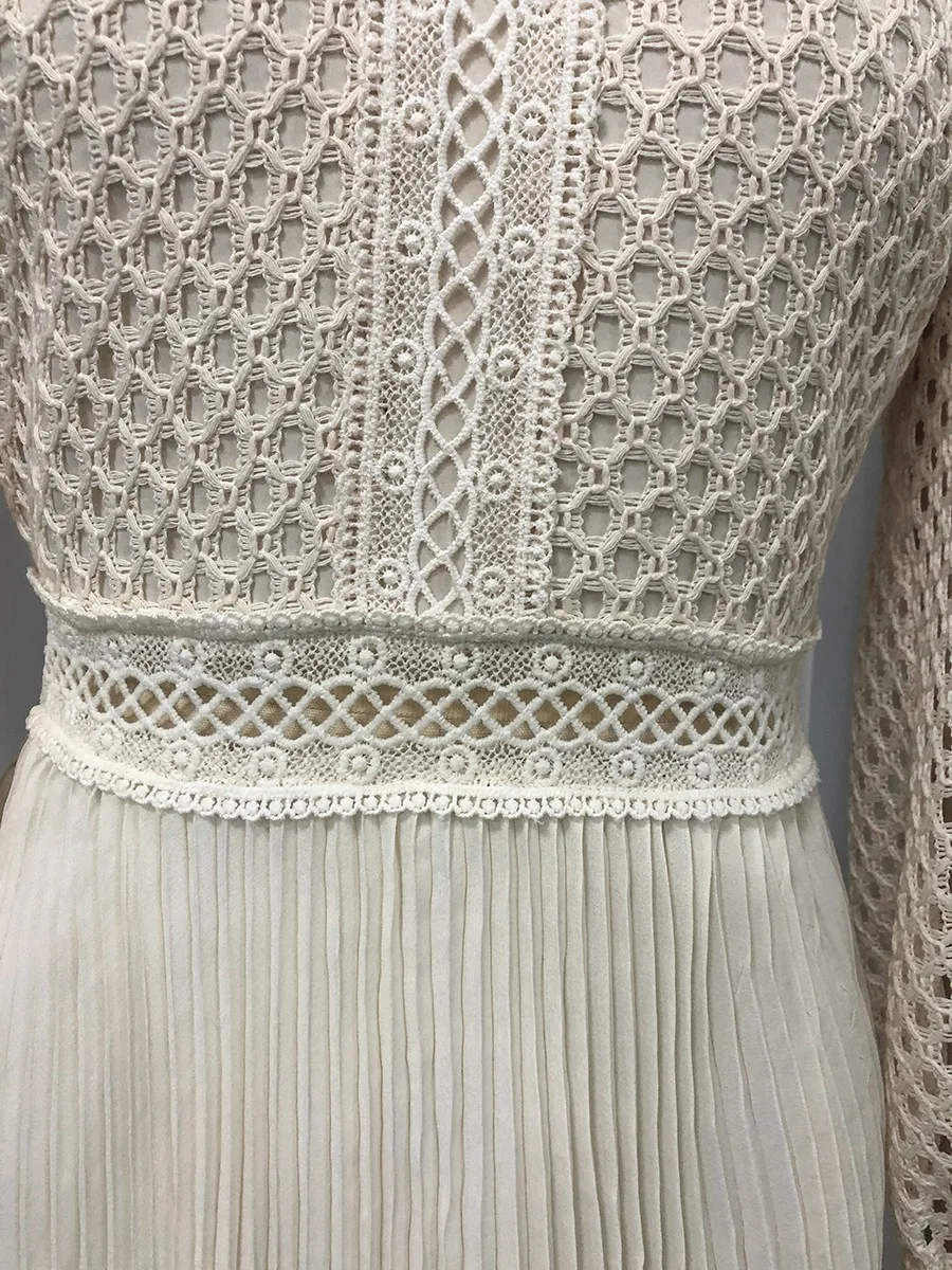 TWOTWINSTYLE Solid Hollow Out Spliced Embroidery Elegant Dresses for Women High Neck Long Sleeves Tunic Casual Dress Female New