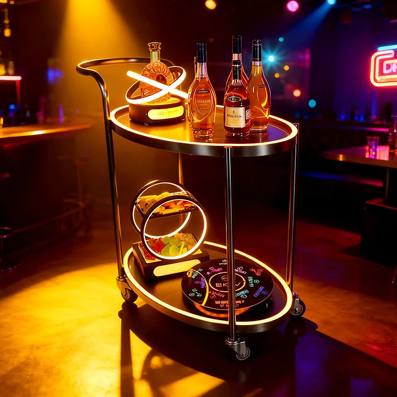 Bar luminous stainless steel two-layer trolley restaurant dining car hotel mobile commercial trolley KTV wine cart