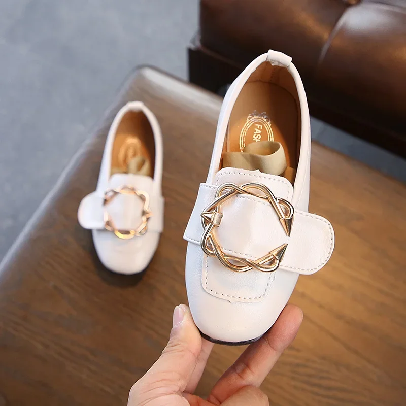 2023 Spring Autumn Children\'s Leather Shoes Metal Buckle Girls Single Shoes Flat Heel Fashion Casual Shoe Soft Sole Kids Shoes