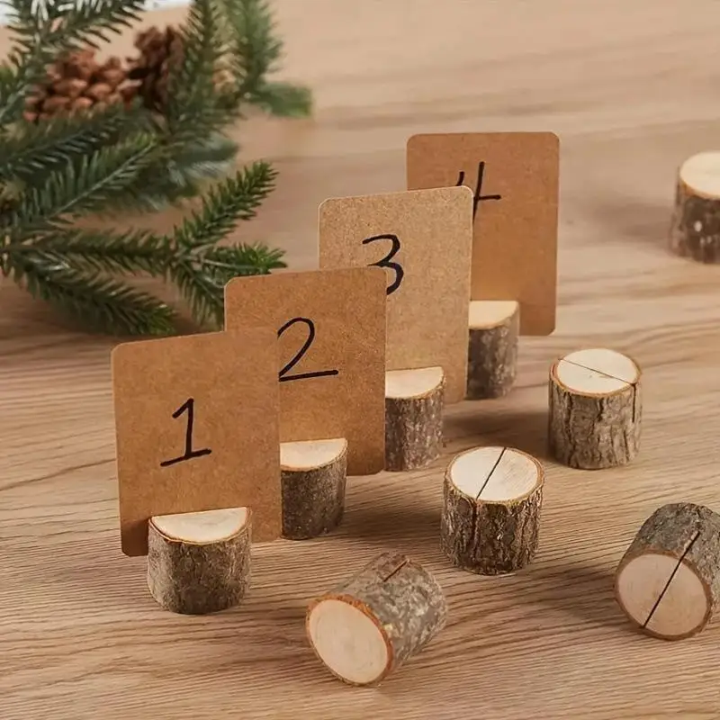 10Pcs Natural Handmade Rustic Wooden Photo Card Holders With Tree Bark Design For Wedding Table Home Office Decor