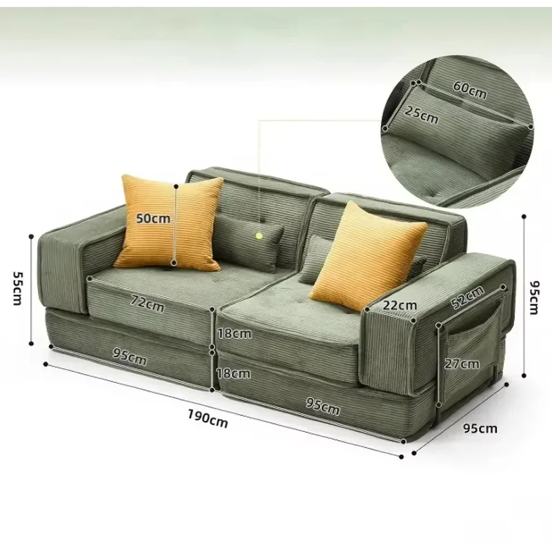 External metal frame filled with sponge, L-shaped velvet sofa bed, foldable and multi-functional, suitable for small