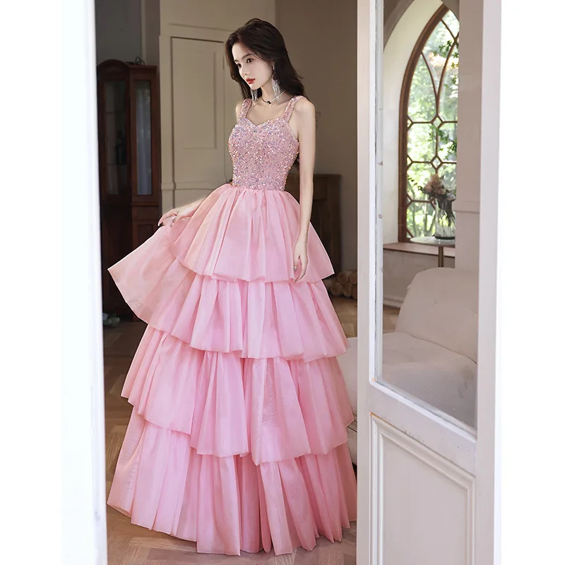 

Women's Pink Strap Sequin Evening Dress SUmmer Autumn New Princess Cake Long Dress Female Birthday Party Sling Evening Dresses