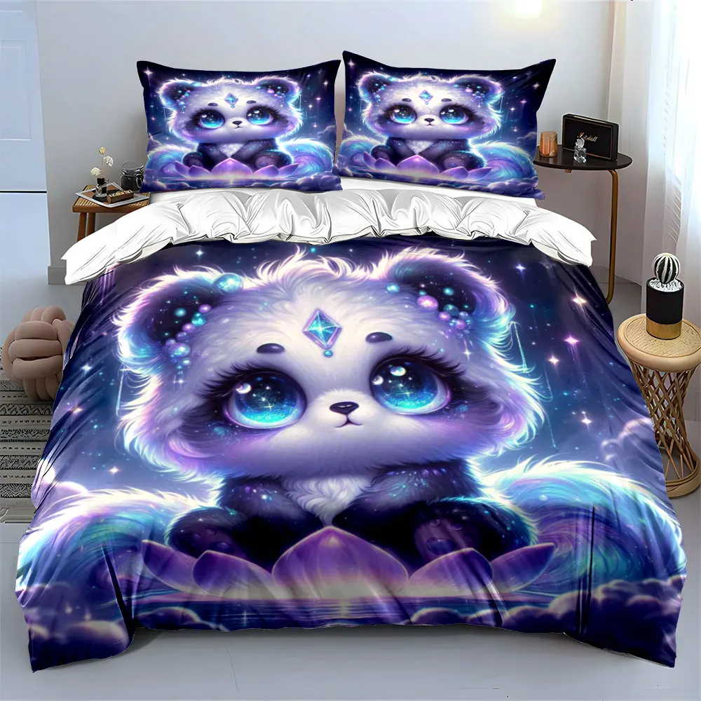 Dreamy Lotus and Starry panda Duvet Cover Set with 3D Printing Design Soft Polyester Bedding Set All-Season Comfort for gifts