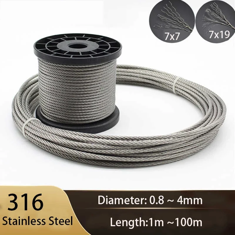 316 Stainless Steel Waterproof Soft Steel Wire Rope Diameter 0.8~4mm Multipurpose Non Rusting Sturdy Metal Cable Line
