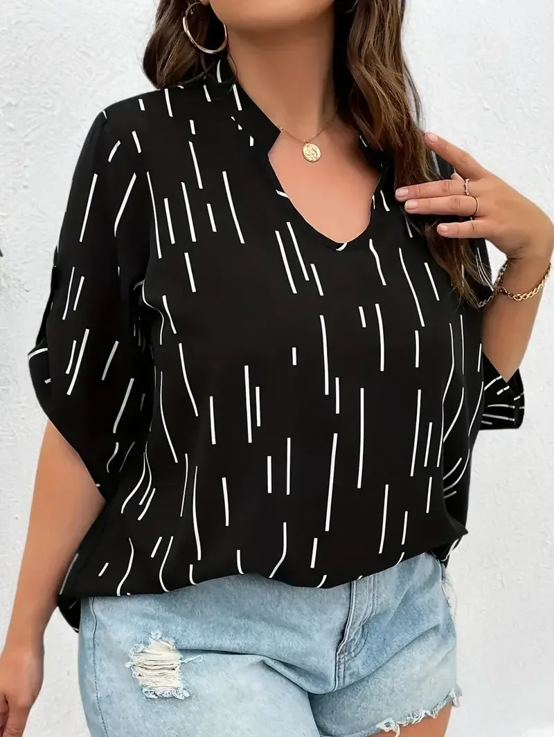 New Women\'s Plus Size 1XL-5XL Fashion Striped V-Neck Blouse Ladies Spring Casual Short Sleeve Top with Flattering Fit Shirt