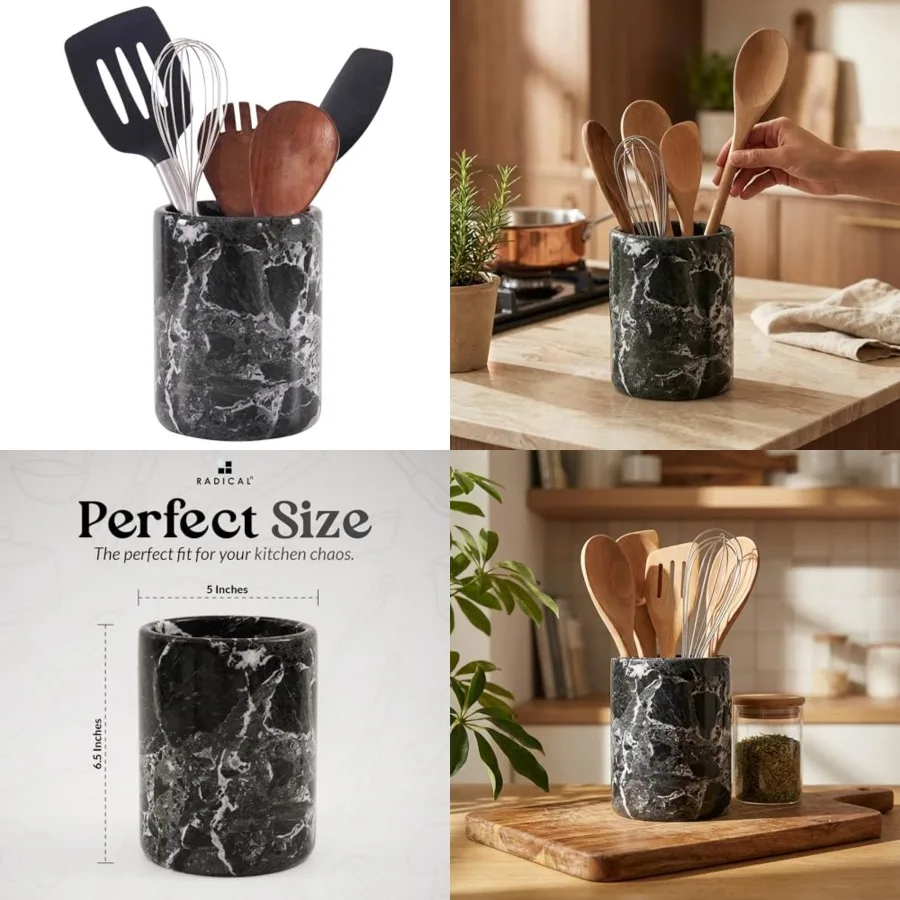 

Marble Utensil Holder 6.5" Inch Handmade Spatula Set for Kitchen Counter, Cooking Utensils Jar and Kitchen Essentials Organizer