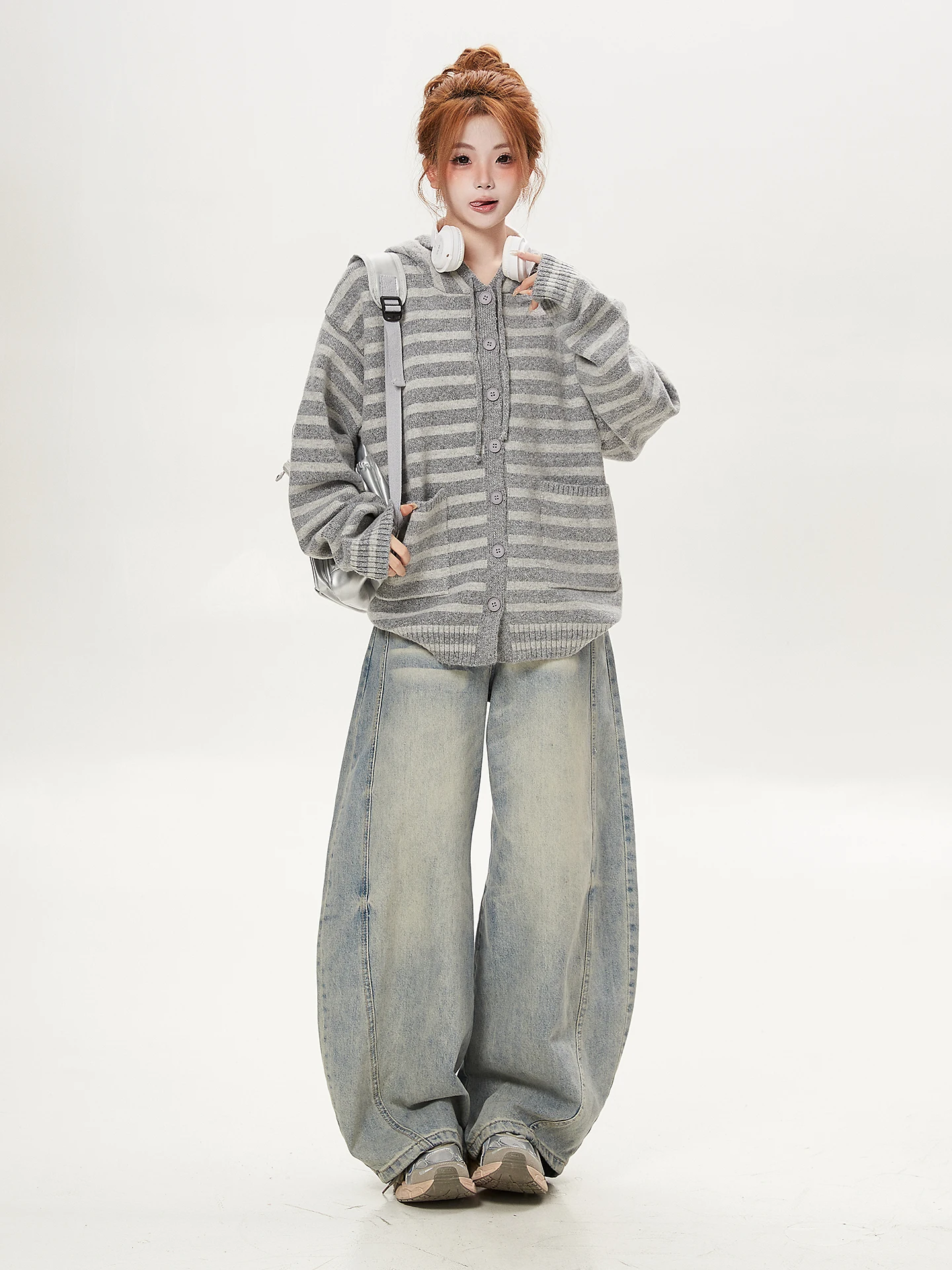 Lazy Style Striped Hoodie Women's Casual Gray Atmosphere Knitted Open Cardigan Ant Theme Korean Series Spring Autumn Winter
