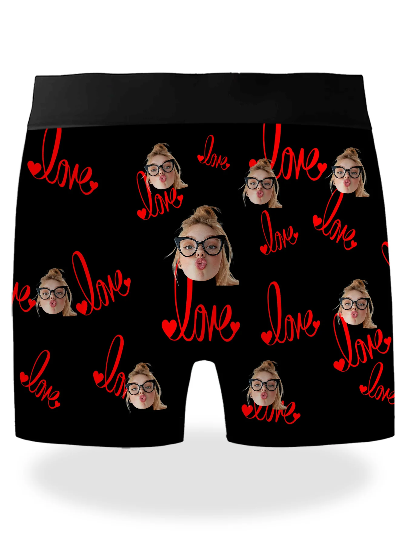 Custom Men'S Boxer Briefs | Black with Multiple Red Heart Patterns and a Glasses-Wearing, Tongue-Out Woman'S Portrait