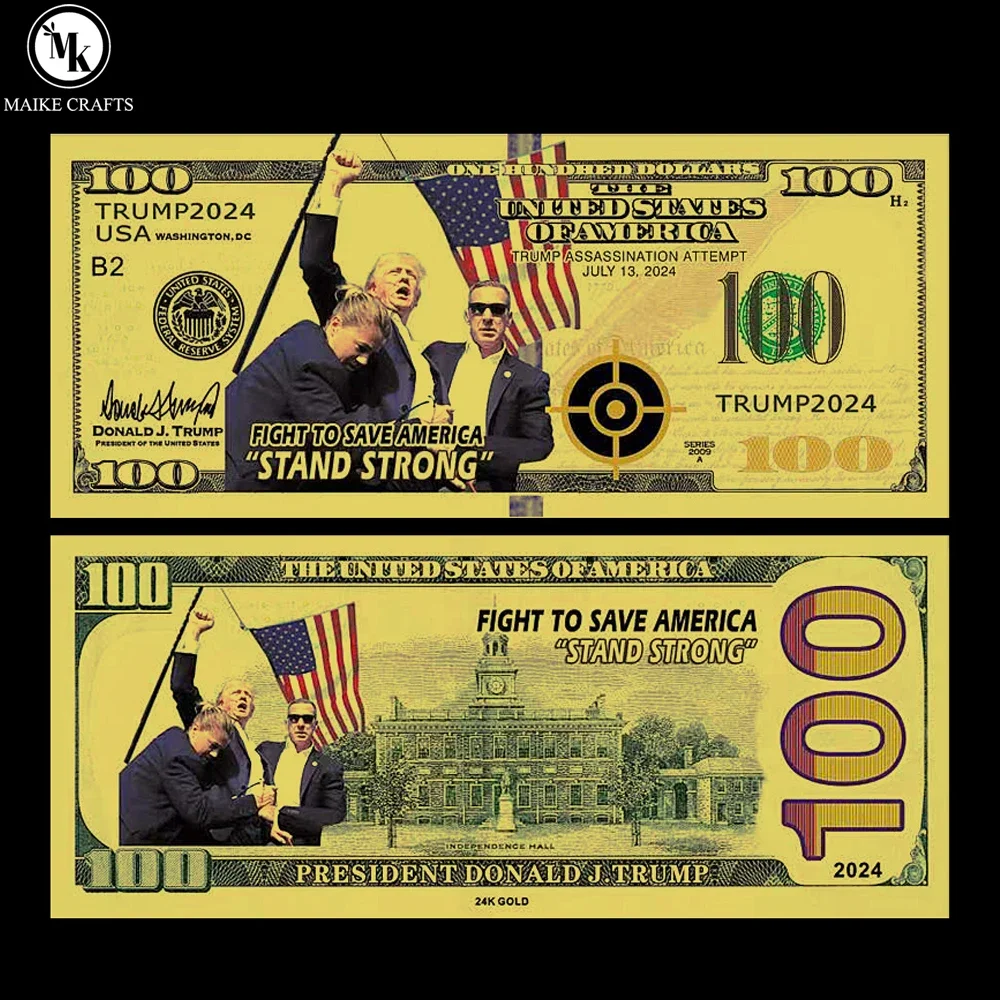 2024 Donald Trump 100 Dollars Gold Coil Banknotes US President Attempted Assassination Plastic Money Fans Collection Gift