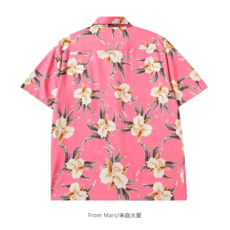 Retro Cuba Collar Shirts for Men Hawaiian Fashion Beach Blouse Summer Chiffon Short Sleeve Tops Aesthetic Pink Flower Y2K Camisa