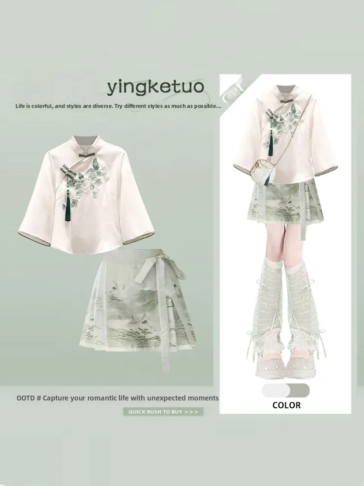 

New Chinese Style Embroidered Stand Collar Shirt And Short Skirt Two Piece Set Women's Summer Fashion Traditional Print Gauze