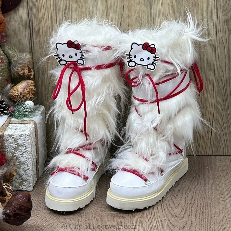 White Fur Lace up Knee High Boots Round Toe Flat Leather Warm Snow Boots 2024 New in Luxury Designer Shoes for Women