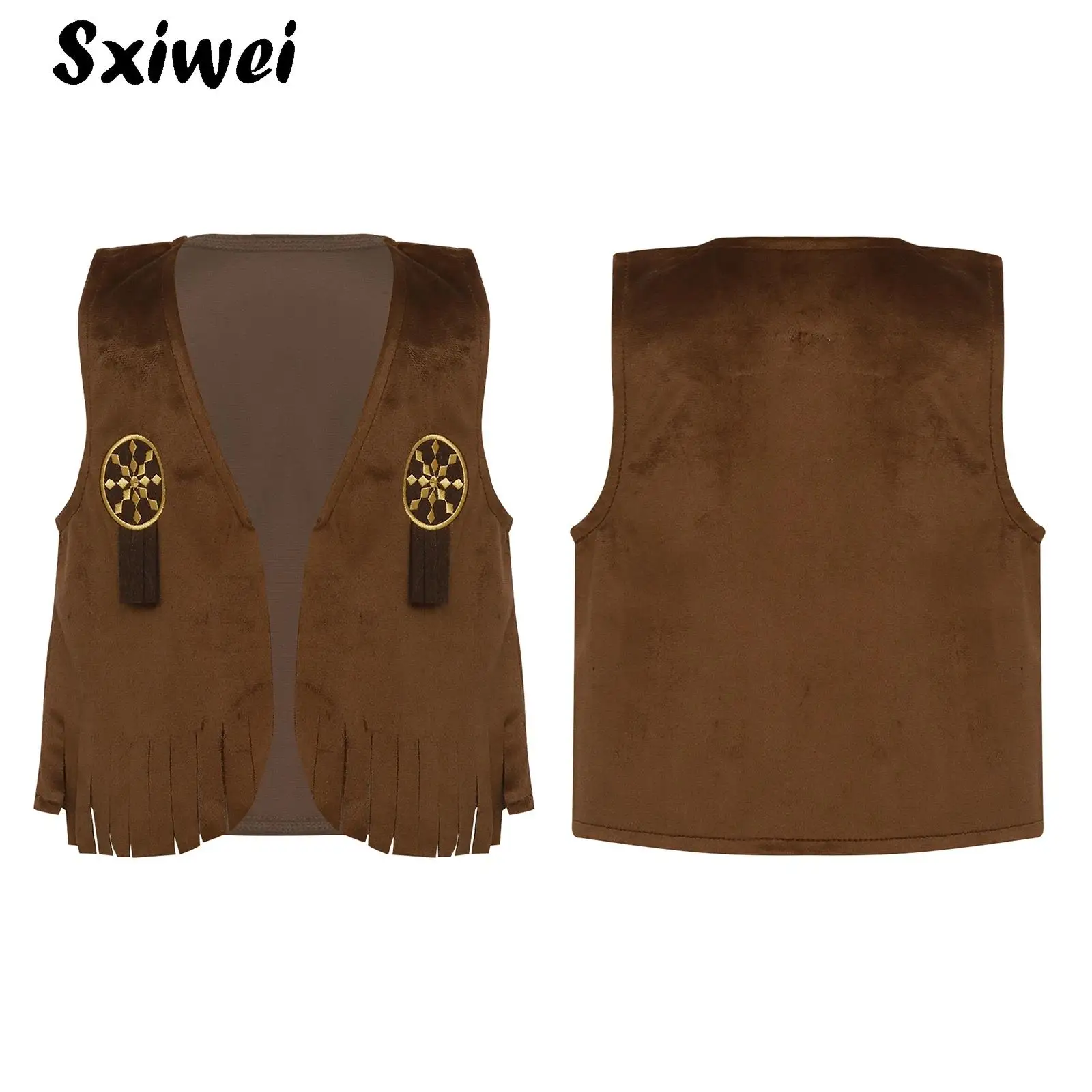 Kids Girls Boys Sleeveless Fringed Open Front Waistcoat Suede Cowboy Vest for Halloween Western Cowboy Cowgirl Costume Dress Up