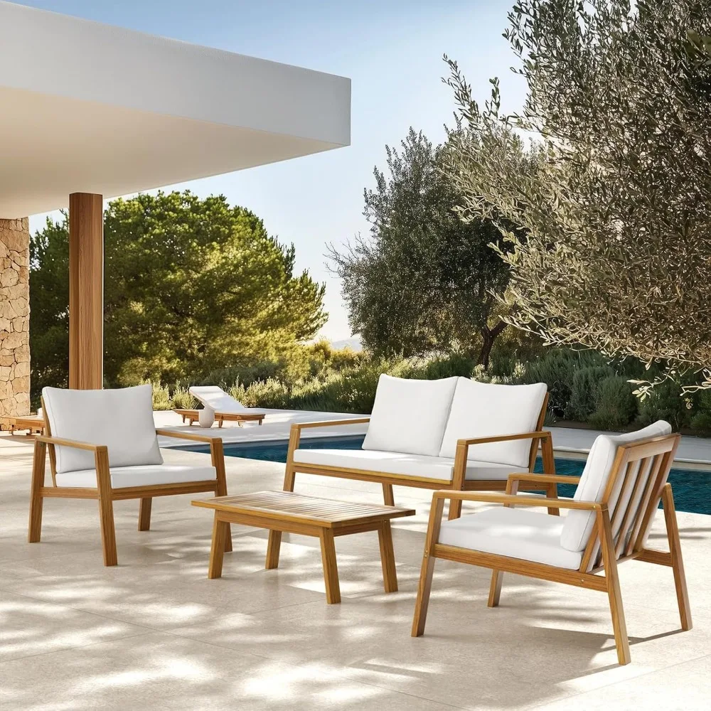 

4-Piece Outdoor Patio Furniture Set, Acacia Wood Frame with Waterproof Cushions, Loveseat and Chairs，for Gardens and Decks