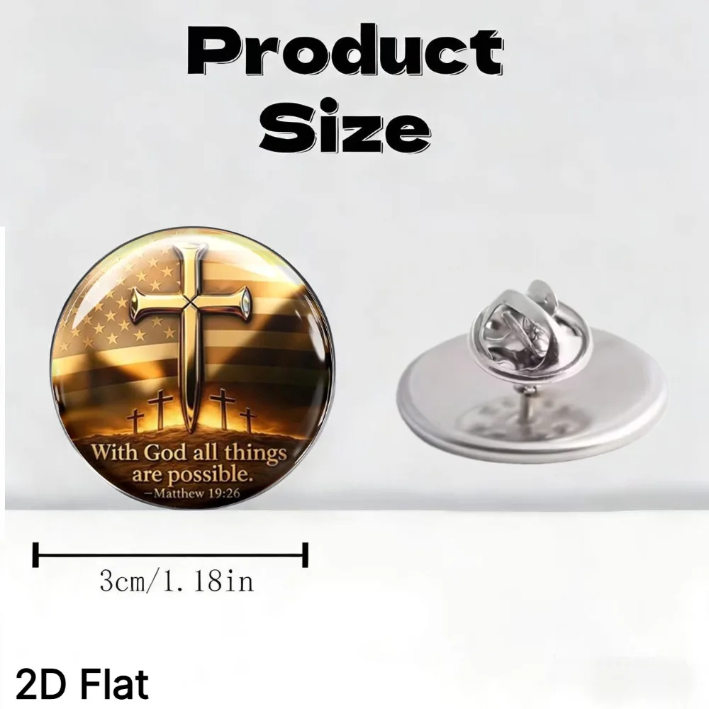 6-20Pcs 2D Flat Christian Cross Lapel Pin, American Flag Background Bible Verse Matthew 19:26 Brooch, Stainless Steel Badge Gift