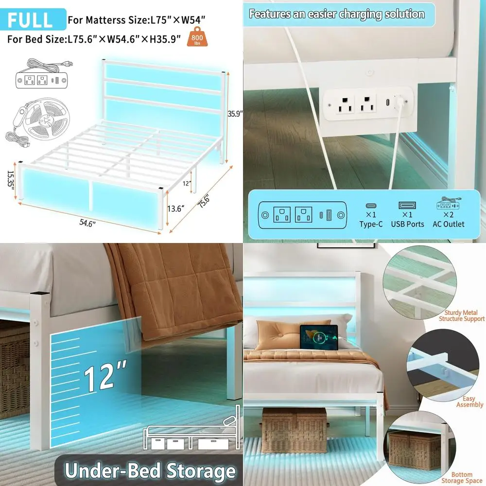 

White Heavy-Duty Steel Slat Bed Frame with Headboard, LED USB Charging, Mattress Support, Underbed Storage, No Box Spring Needed