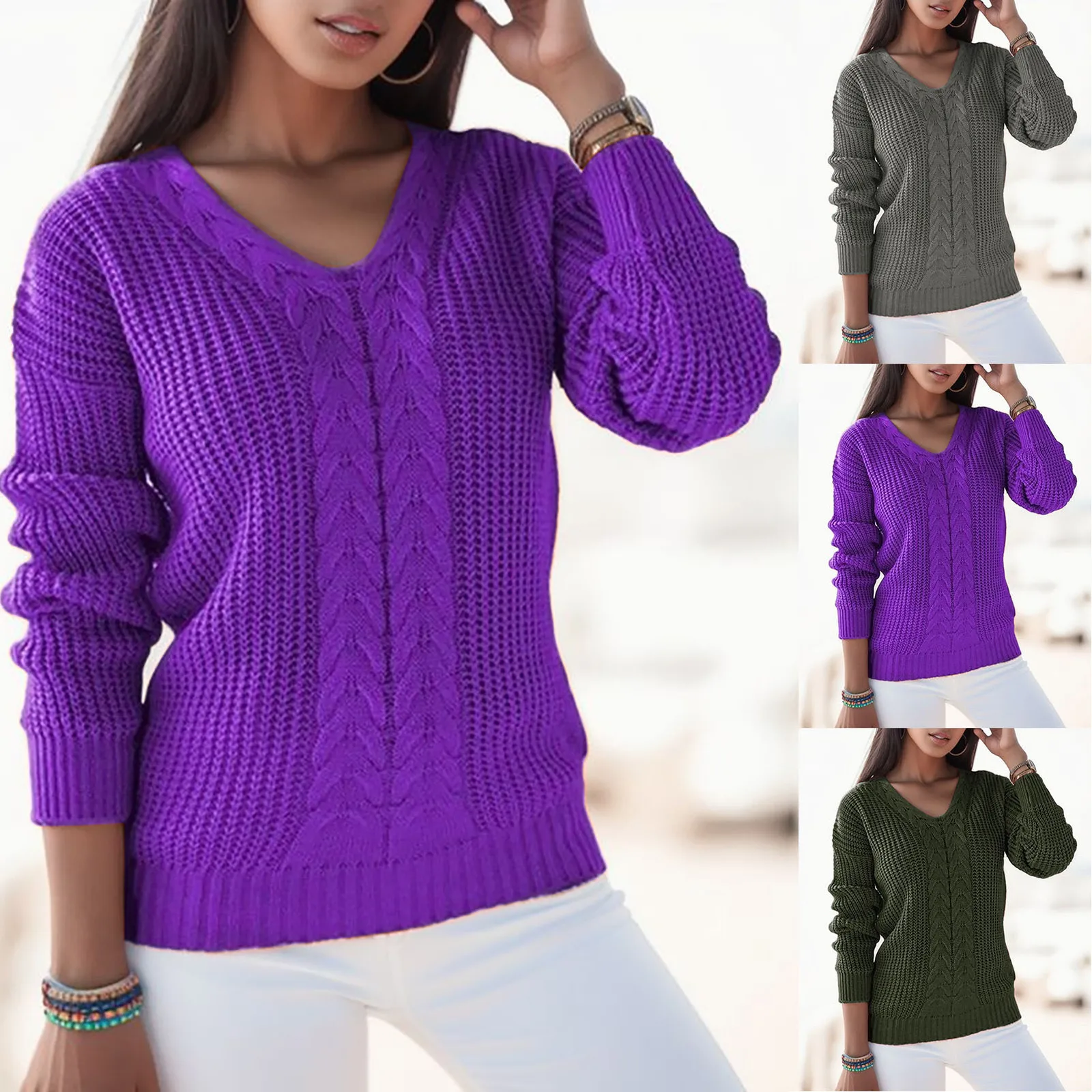 Women'S Solid Color Simple Knit Sweater V-Neck Long Sleeve Twist Slim-Fit Casual Jumper Autumn Winter All Fashion Warm Sweater