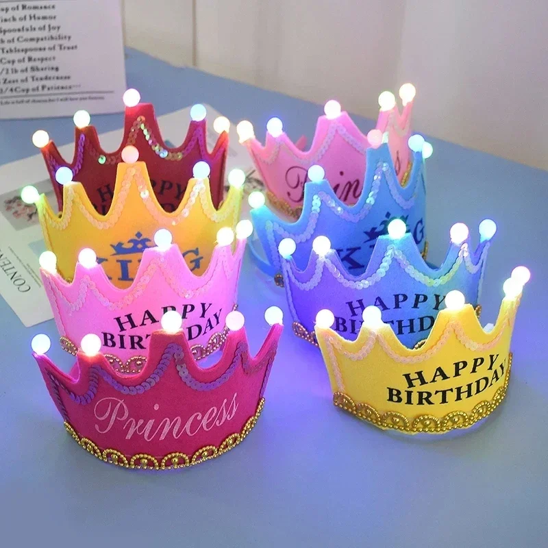 Happy Birthday Glowing Hats LED Light King Princess Crown Headband for Girls Boys Birthday Party Decoration Baby Shower Supplies