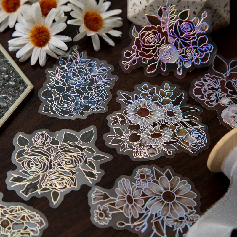 20Pcs Laser Silver Sticker Flower Dream Song Dark Flower Handbook Supplies Base Children Dairy Scrapbooking Materials 13*9CM