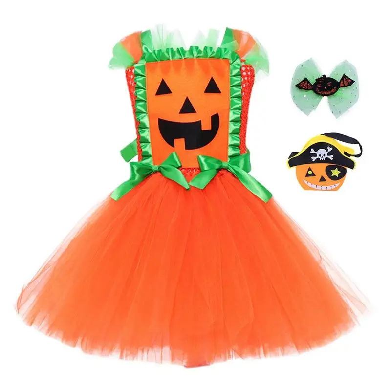 Girl Halloween Pumpkin Dress Ghost Costume Sleeveless Print Dress with Hair Clips Halloween Outfits Dress Up for Party