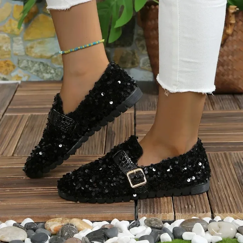 2024 Sommer Balletts chuhe bling Slipper Plattform glänzende Damen Freizeit schuhe Pailletten Hausschuhe großen Stil Schuh