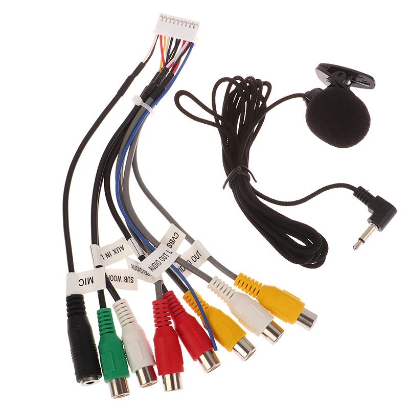 Car Radio Universal RCA 10 in 1 Output Wire Cable With Microphone Video Output/input Audio Subwoofer