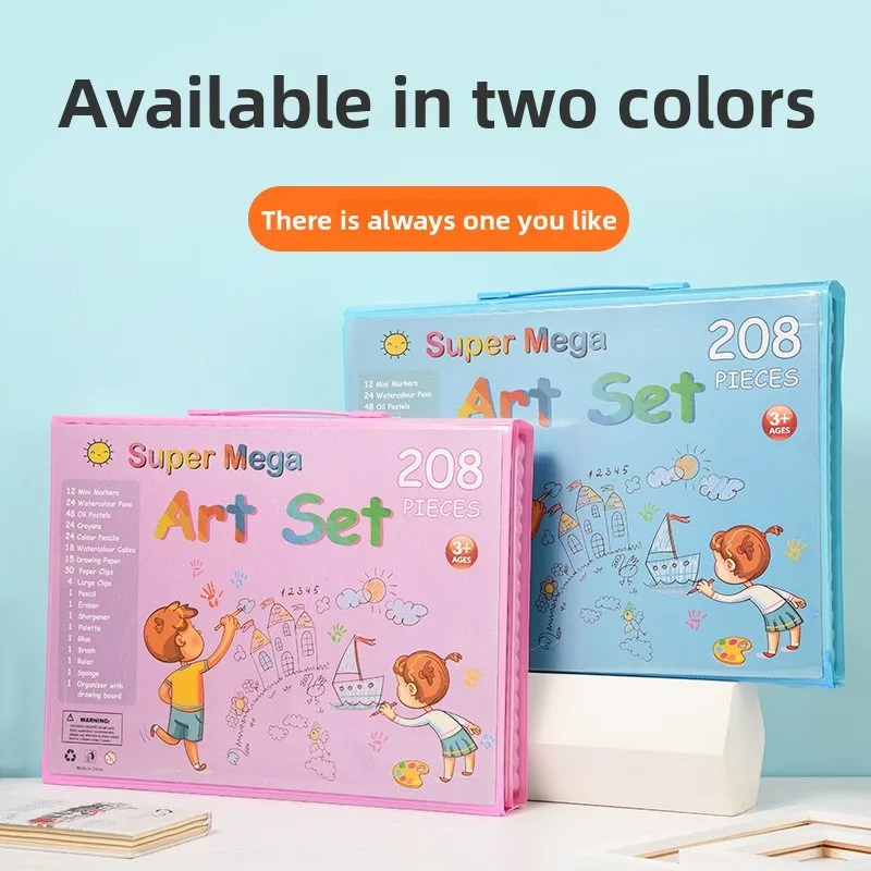 208ピース-キッズアートセット-クレヨン-水彩鉛筆-折りたたみ式イーゼル-子供用-お絵かきセット