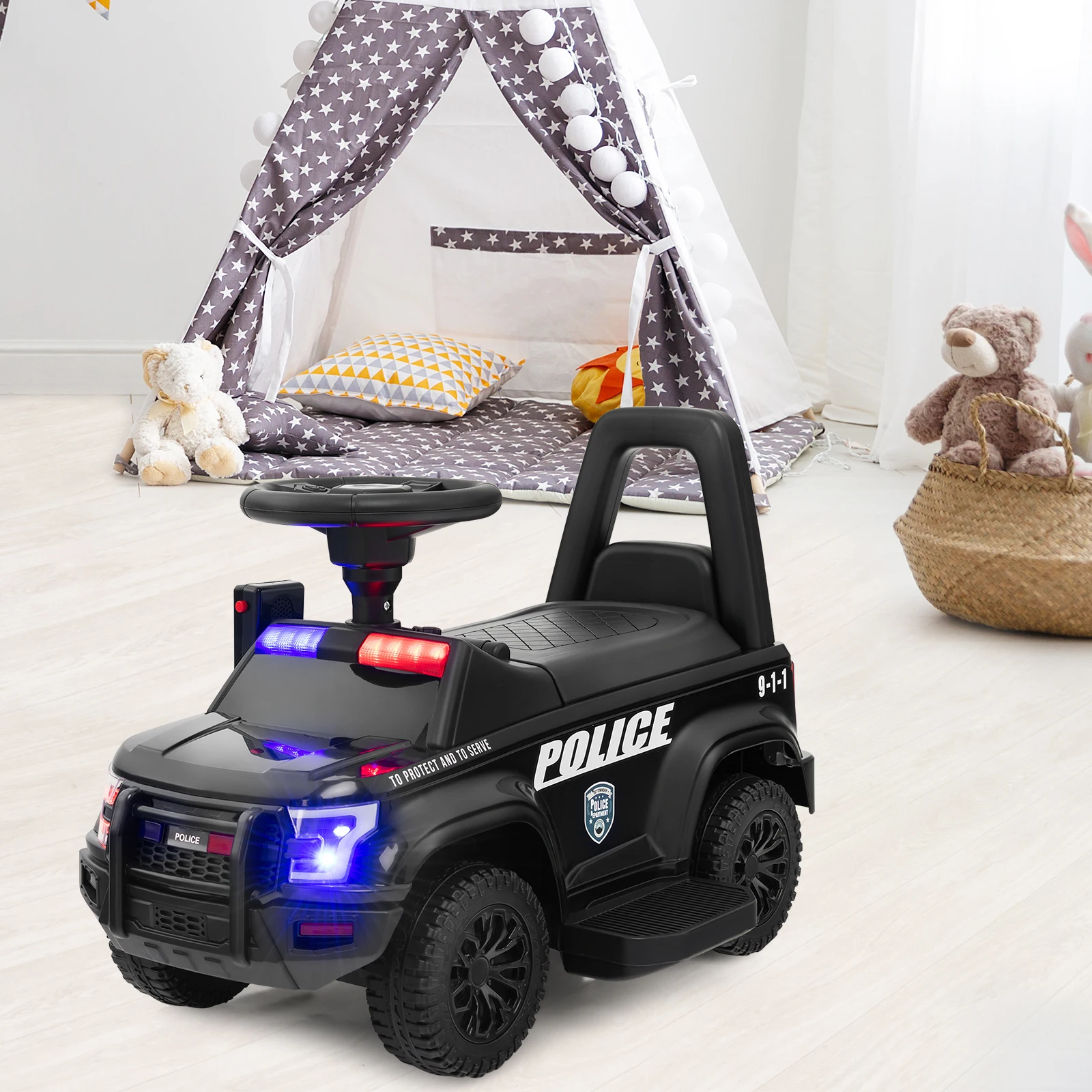 2-in-1 6V Kids Ride On Police Car Toddler Push Car w/ Megaphone & Siren Black