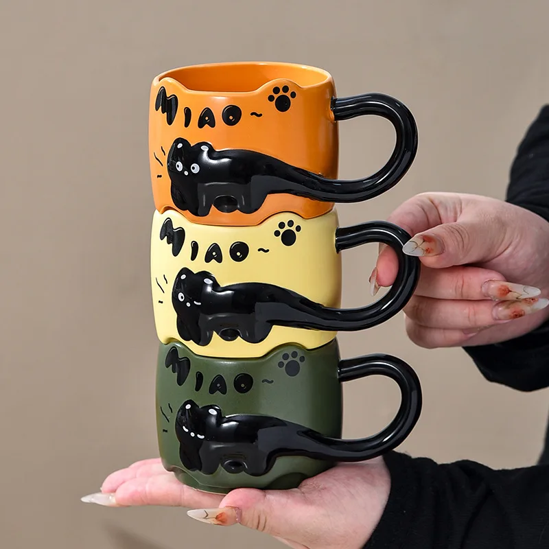 Creative Stacking Cat Mug Ceramic Coffee Cup with Handle for Home Use and Guests