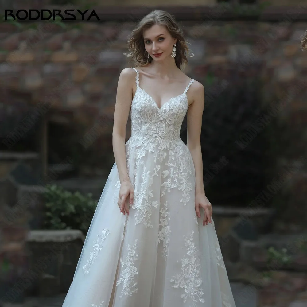 RODDRSYA Spaghetti Straps Kant Bruidsjurken Backless Applique A-Lijn Vestido De Novia Boho V-haRODDRSYA Spaghettibandjes kant bruidsjurken rugloze applique A-lijn Vestido De Novia Boho V-hals Tulle bruidsjurk plus maat