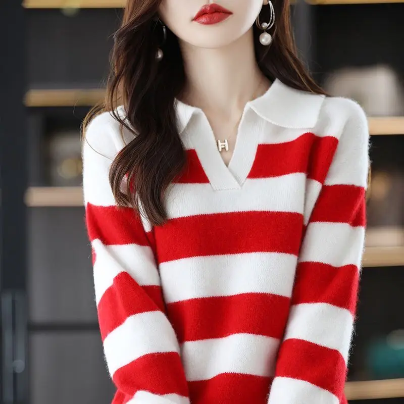 Autumn Winter Women\'s Knitted Striped Casual Sweaters Long Sleeve V-Neck Pullover Loose Korean All-match Fashion Female Jumpers