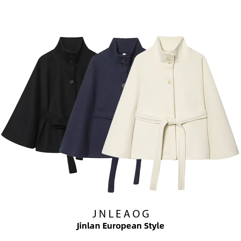 

Faionable High Collar Coat Drapey Design Versatile Outerwear for Women Autumn New Arrival Polyester Fiber Seven Sve Length