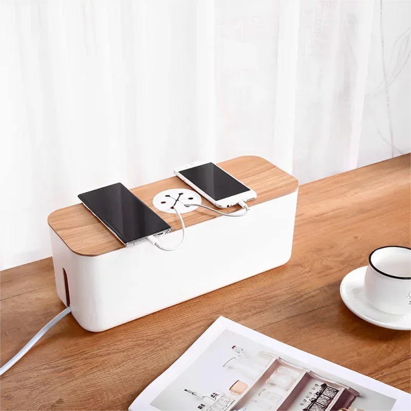 Japanese-style Data Cable Storage Box Wooden Desktop Charging Wire Manage Container Artifact Anti Dust Charger Socket Organizer