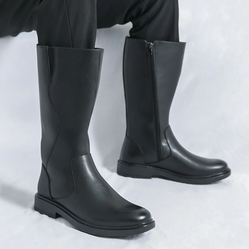 Mid Length Men Leather Boots Black Brown Side Zipper Low Cut Thick Soled Non Slip Durable Shoes Autumn Winter Boots Sizes 38-45
