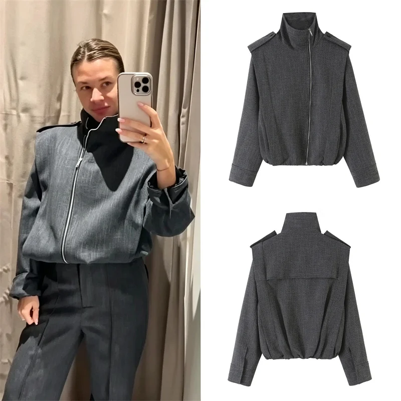 Guobioziy Women's Jacket 2026 Early Autumn New Fashion Commuter Style Long Sleeve Stand Collar Side Zipper Strap Jacket