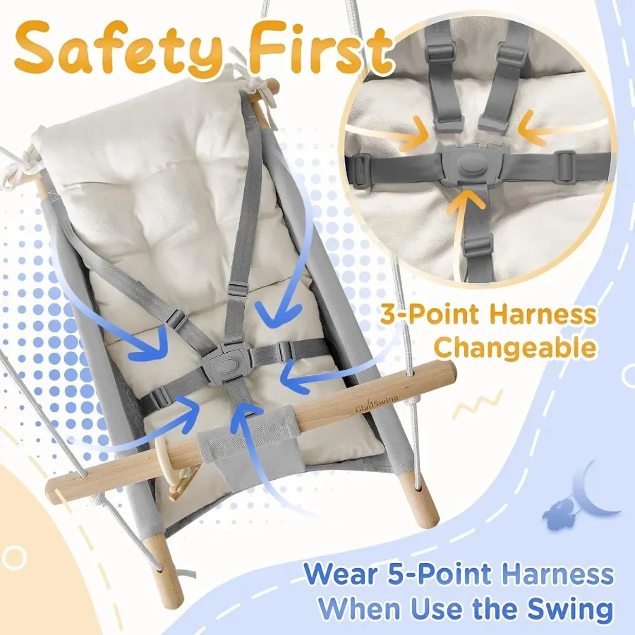 Indoor Outdoor Canvas Hammock Swing for Baby to Toddler with Comfortable Seat Macaroon Wooden Toy Adjustable 5 Point Harness 3