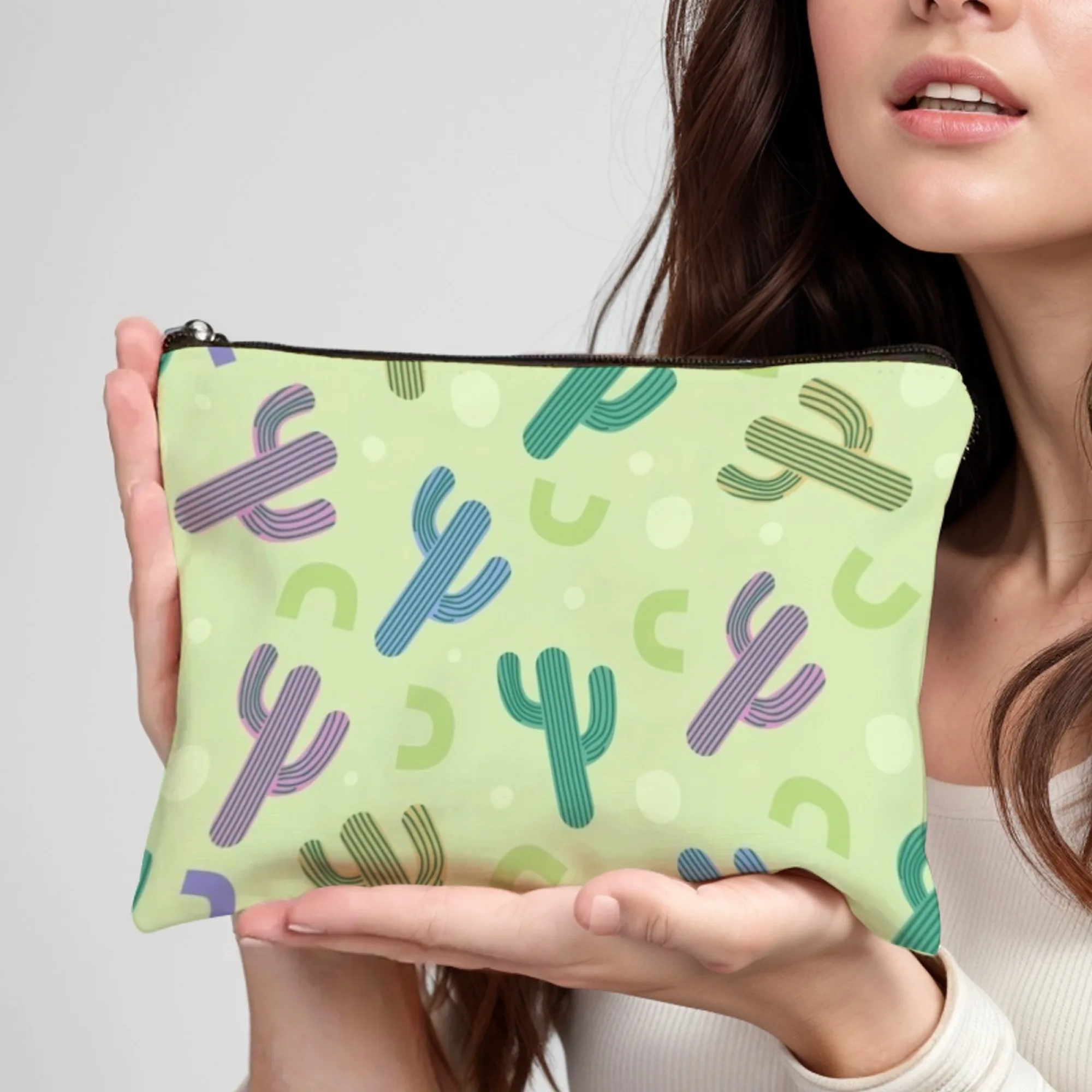 Cute Cartoon Bohemia Cactus-Print Canvas Cosmetic Pouch Patterned Succulents with Accents Tropical Zippered Makeup Storage