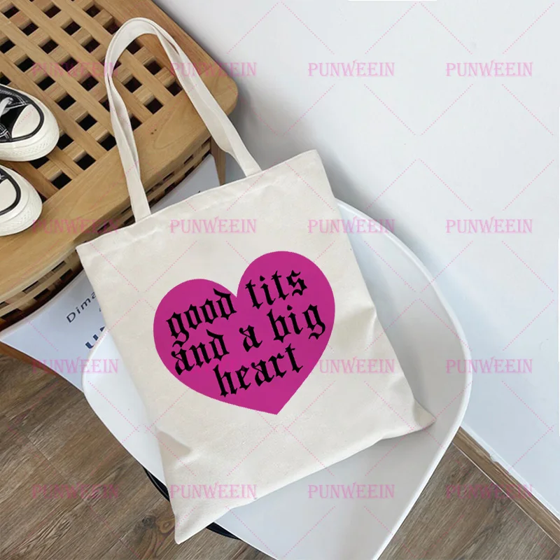 Punk Heart Aesthetic Canvas Bag Streetwear Harajuku Letter Print Handbag Y2K Shopping Bag Vintage Gothic Subculture Shoulder Bag