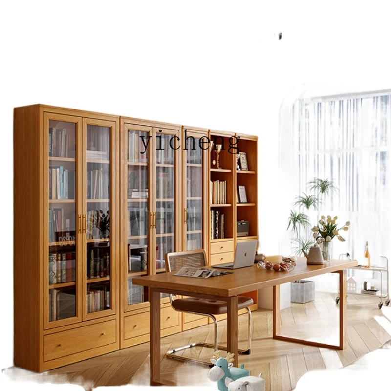 ZC Bookcase Integrated Entire Wall Solid Wood Storage Cabinet with Glass Door Dustproof Floor Display Cabinet Combination